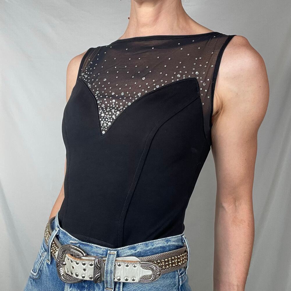 Cache vintage rhinestone bodysuit sleeveless illusion sweetheart Tadashi 90s S - Picture 13 of 17